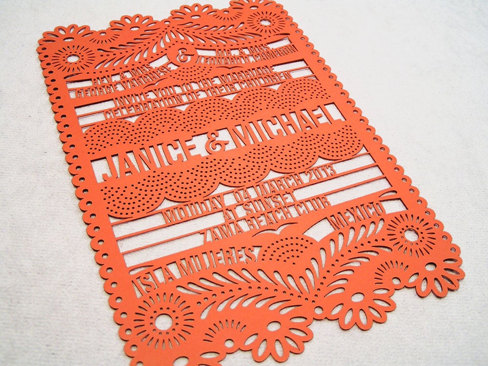 Laser Cut Papel Picado Invite Card Orange