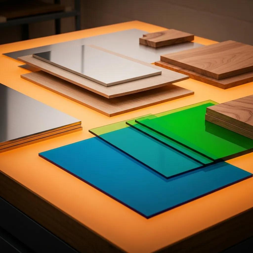 A diverse selection of materials ready for laser cutting, including metals, acrylics, and wood