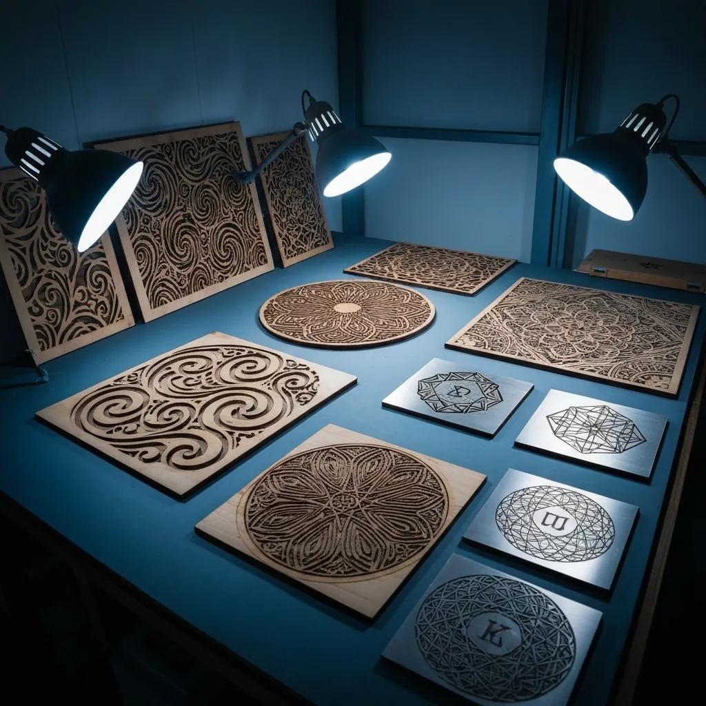 Exquisite custom laser-cut artworks, featuring detailed designs in wood and metal, displayed in a creative studio setting
