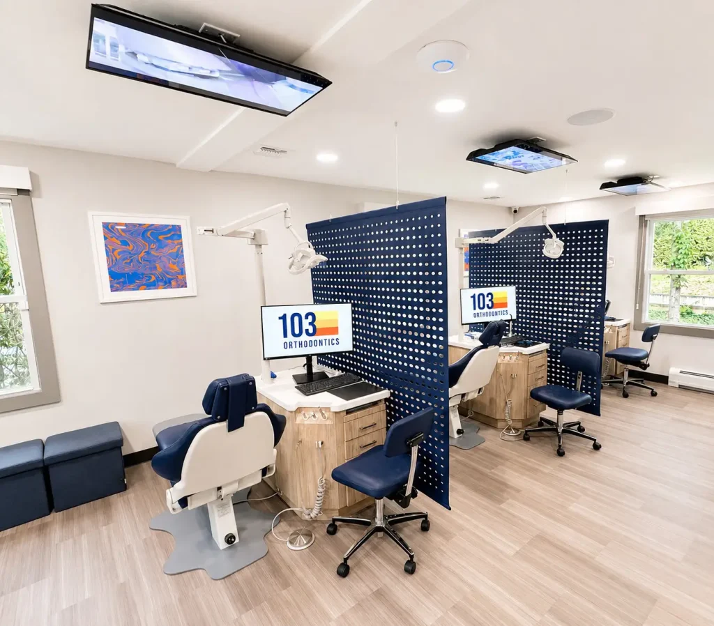 Custom hanging felt room divider panels providing acoustic privacy in a modern healthcare office.