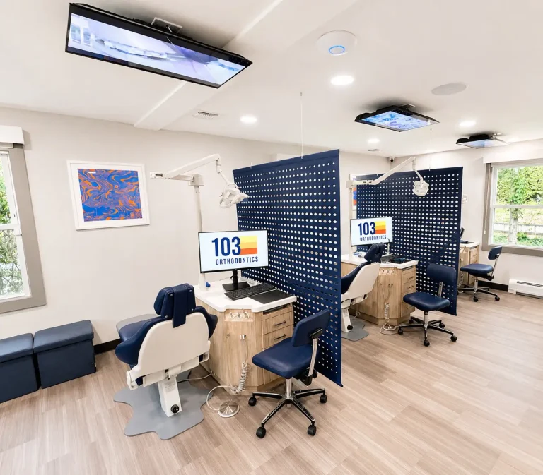 Custom hanging felt room divider panels providing acoustic privacy in a modern healthcare office.